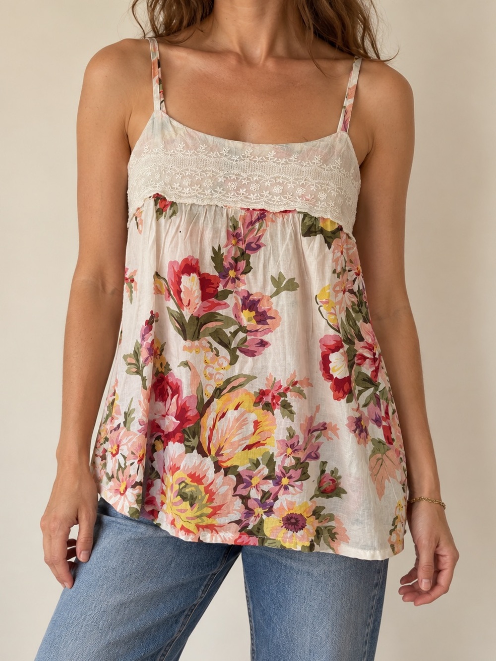 Vintage Angie Floral Cotton Lace Trim Babydoll Cami Tank Top Medium Cottagecore